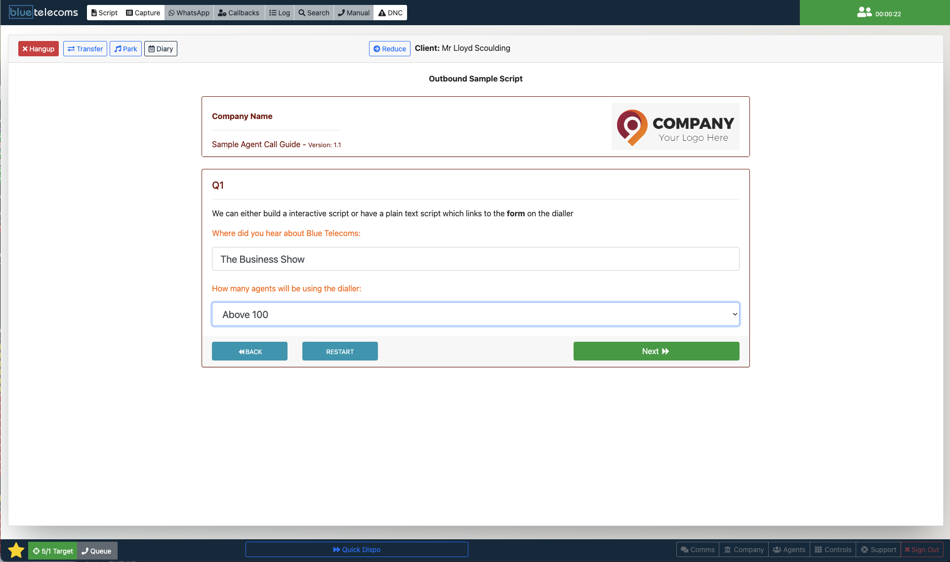 Blue Telecoms interactive scripting interface showing custom form fields and branching logic